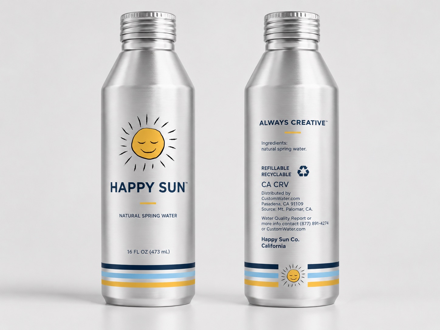 Happy Sun aluminum bottles, front and back